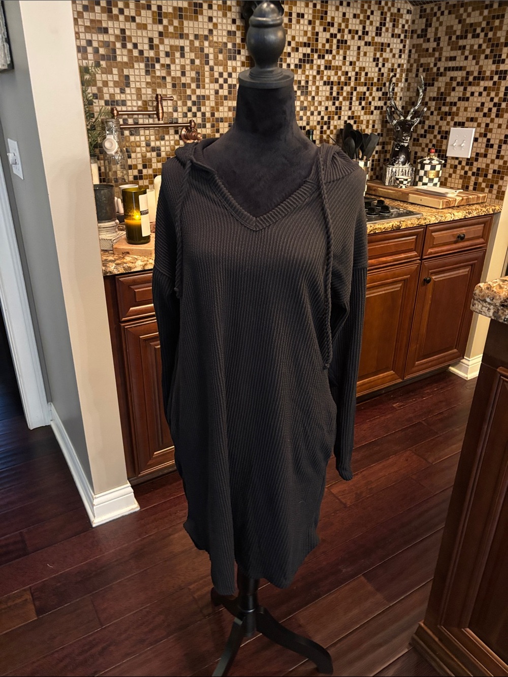 HEIMISH USA Black Ribbed V-Neck Hoodie Tunic Dress
